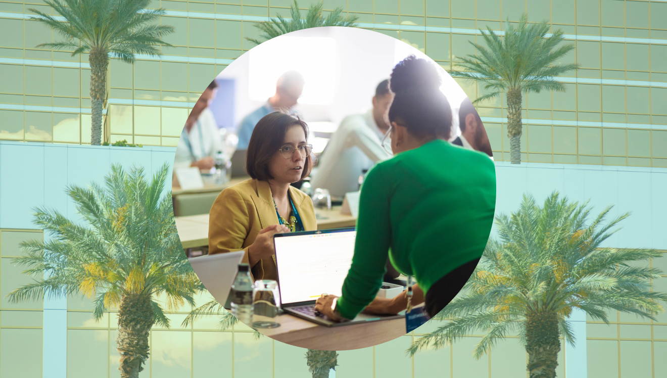 Circular photo of a 1:1 workshop at TrustWeek on top of an abstract nature background