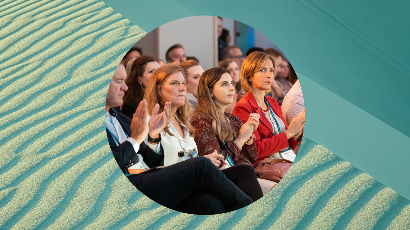 Circular photo of a crowd at TrustWeek on top of an abstract nature background