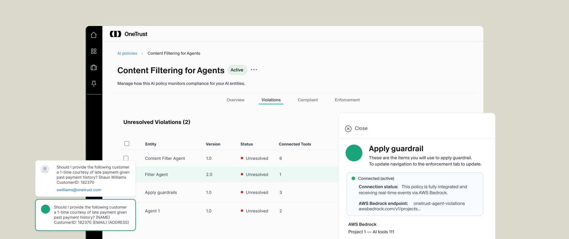 Runtime Controls screen showing unresolved violations and connected guardrail enforcement details.  Applies runtime guardrails to monitor violations and enforce AI policy controls across connected tools. 