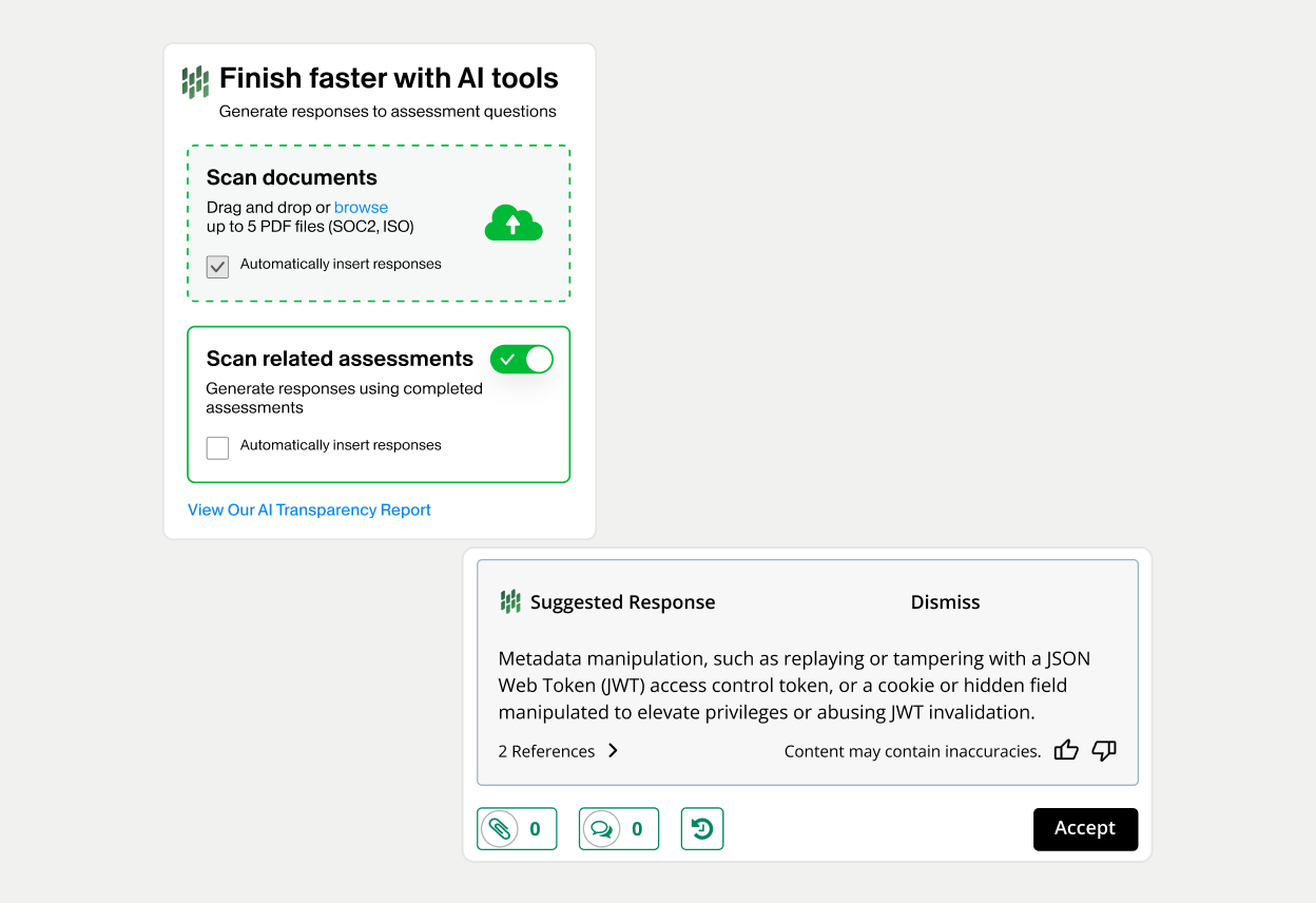 Digital interface screenshot shows an AI tools panel for finishing faster with assessment questions. The upper section offers options to scan documents and scan related assessments, each with checkboxes and brief descriptions. The lower section displays a suggested response card about metadata manipulation, including references and an accept button. The overall layout uses light backgrounds with green and gray accents and icon buttons for audio and information.