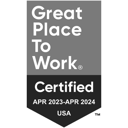 Black and white version of the Great Place to Work Certified April 2023 - April 2024, USA badge