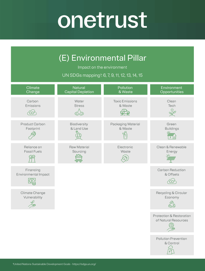 Chart depicting elements of the environmental pillar of ESG broken down by four different categories including climate change, natural capital depletion, pollution & waste and environment opportunities and the impact on the environment each category and sub category has