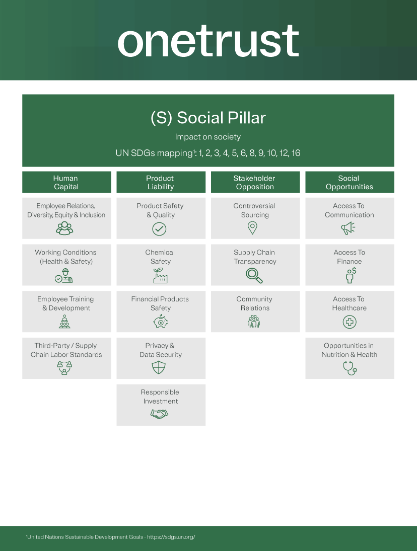 Infographic labeled "Social Pillar" Impact on society" that shows columns of impacted categories and what contributes to their impact 