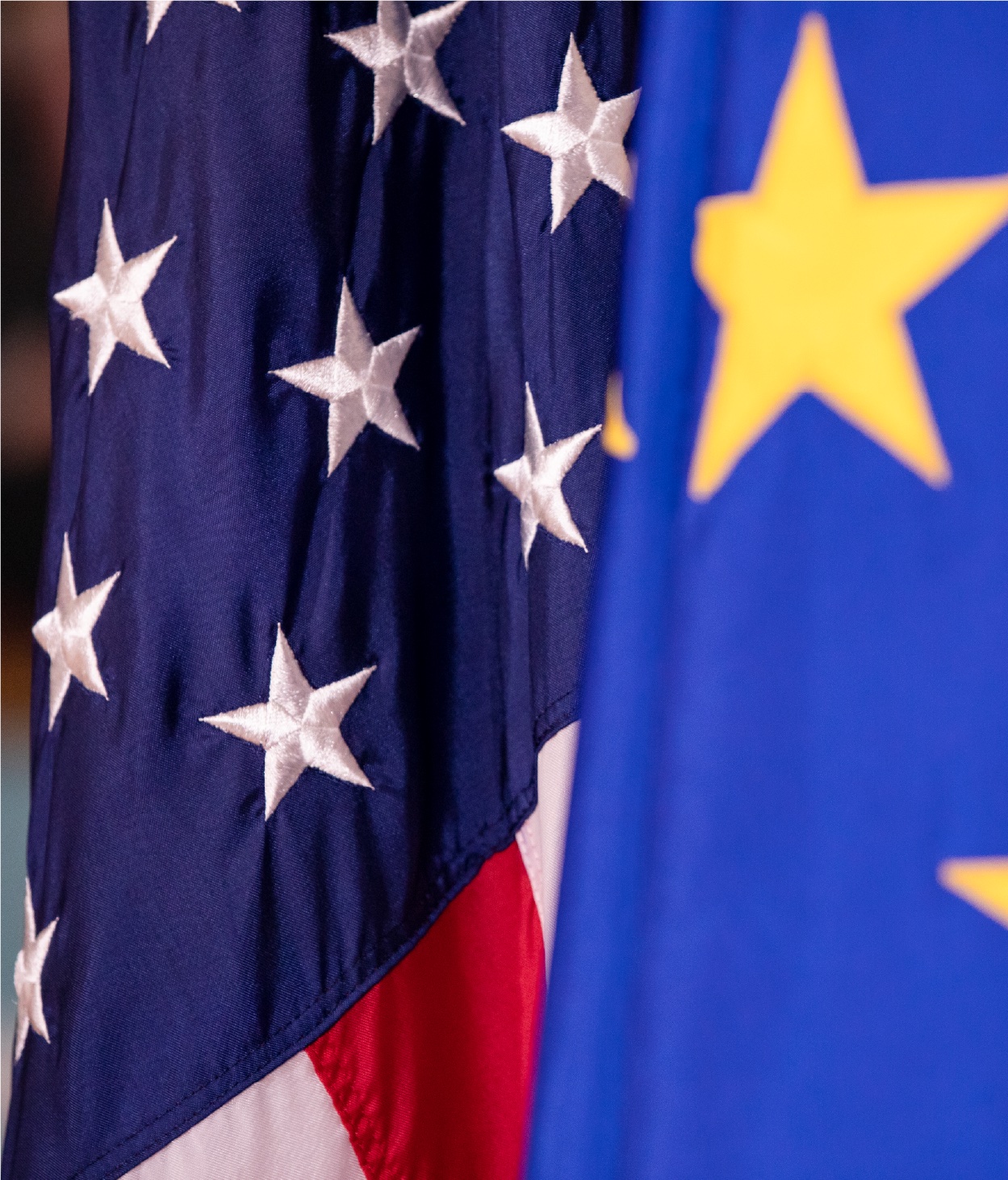 Closeup of the US and EU flags