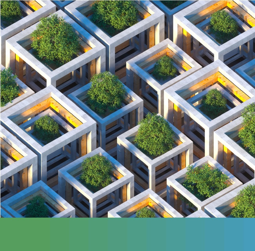 Concrete cubes with trees growing out of them. 