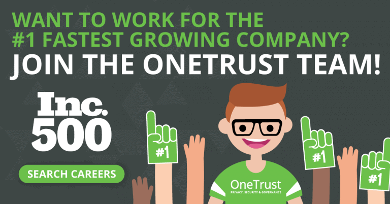 Illustration of onetrust employee holding up foam fingers that say "#1" with the text "join the onetrust team!"