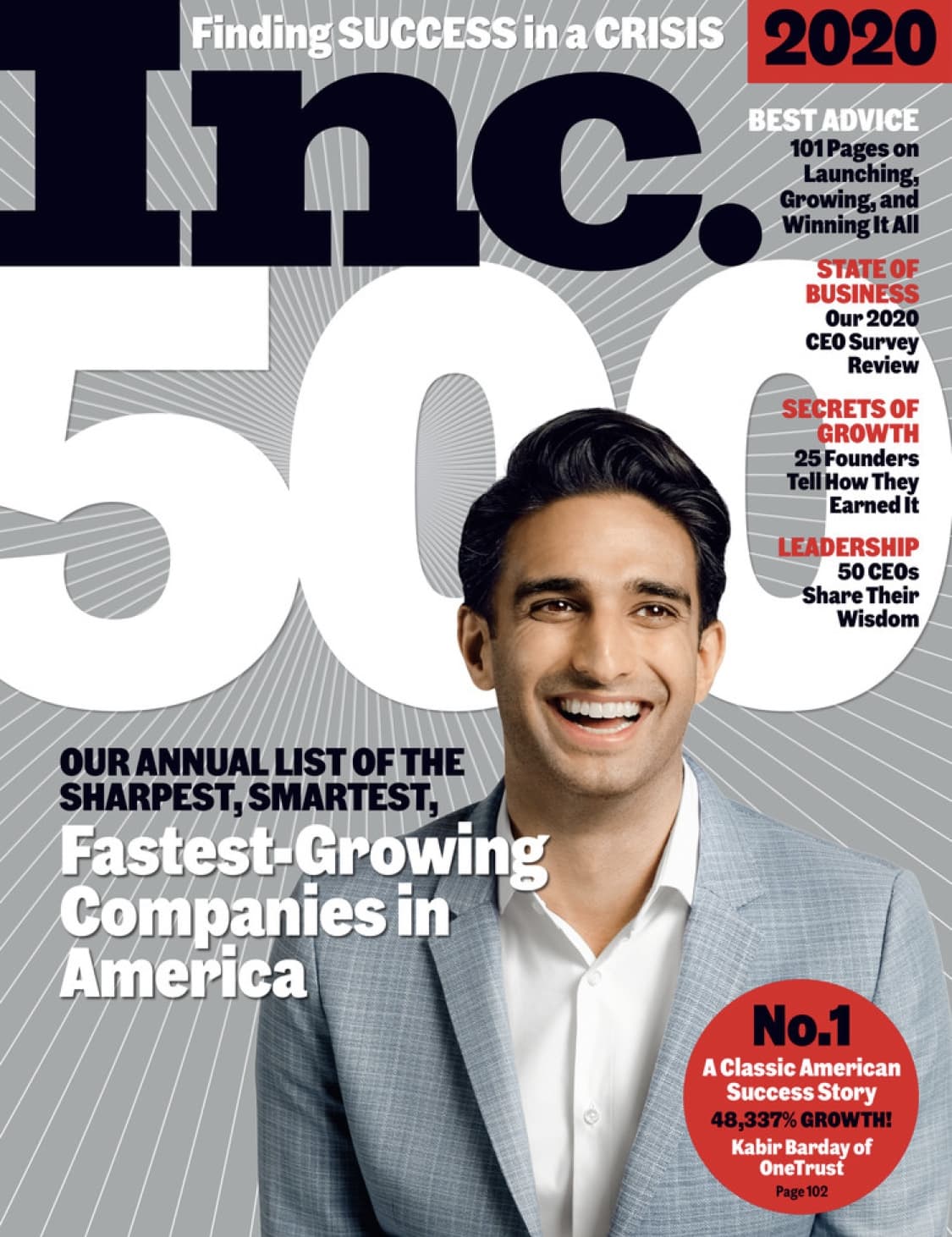 The cover of the Inc. 500 magazine featuring Kabir Barday highlighting the annual list of the fastes-growing companies in America