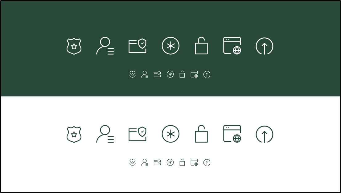 A sample of icons in the new onetrust brand style on a green background and on a white background