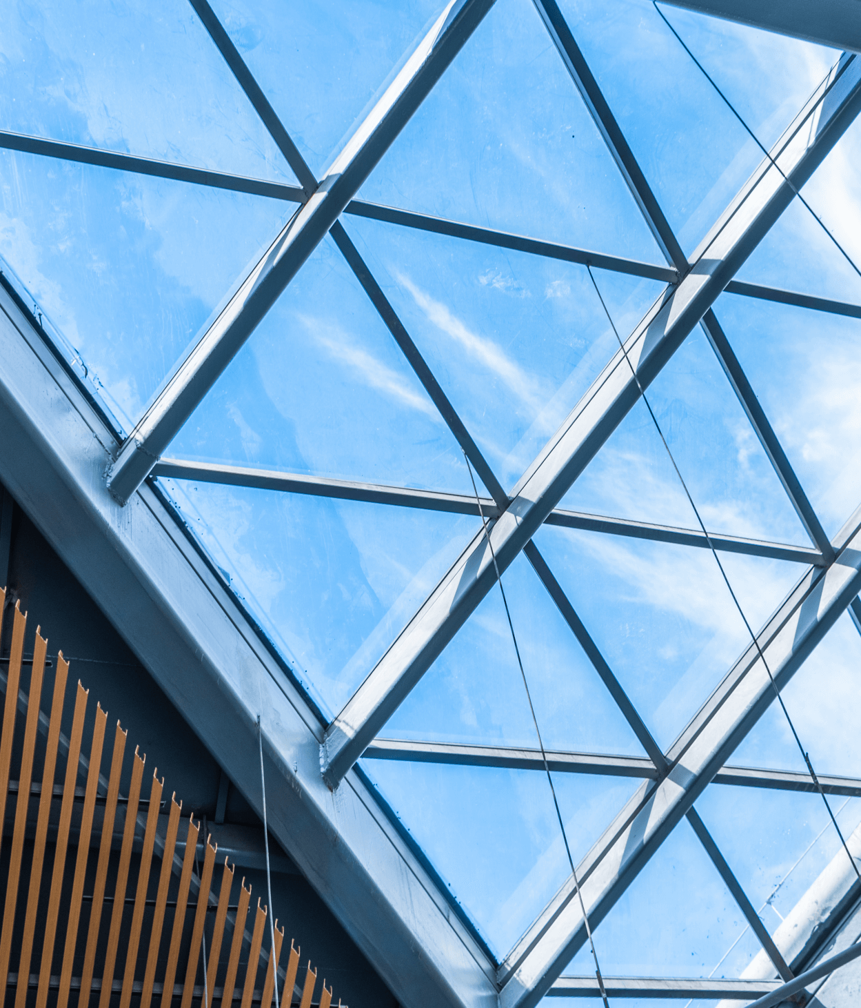 photo of a low angle view of glass ceiling with metal muntin bars.