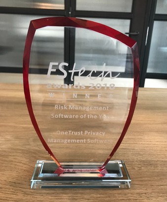 Photo of onetrust's FSTech awards 2018 risk management software of the tear trophy