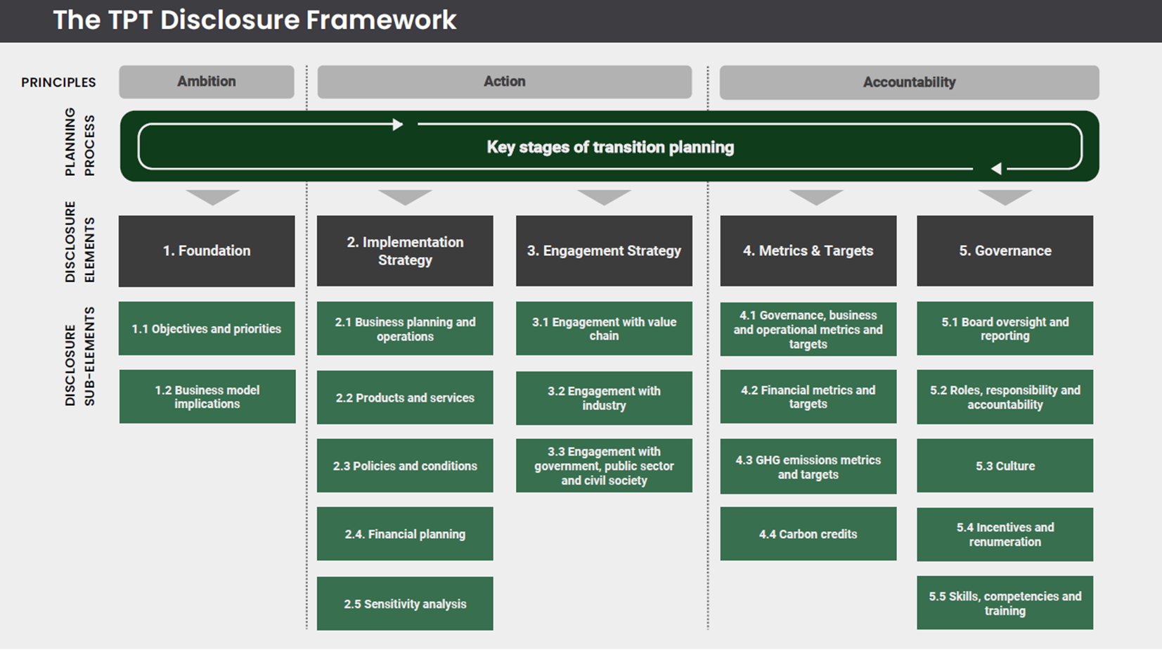 Infographic of the TPT disclosure framework showing principles, planning process, disclosure elements and disclosure sub-elements