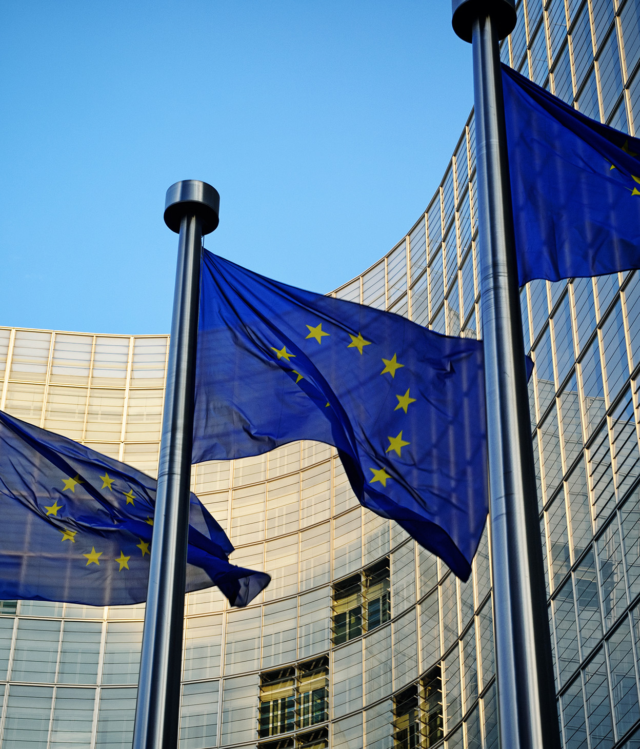 EU flags in front of European Commission building in Brussels