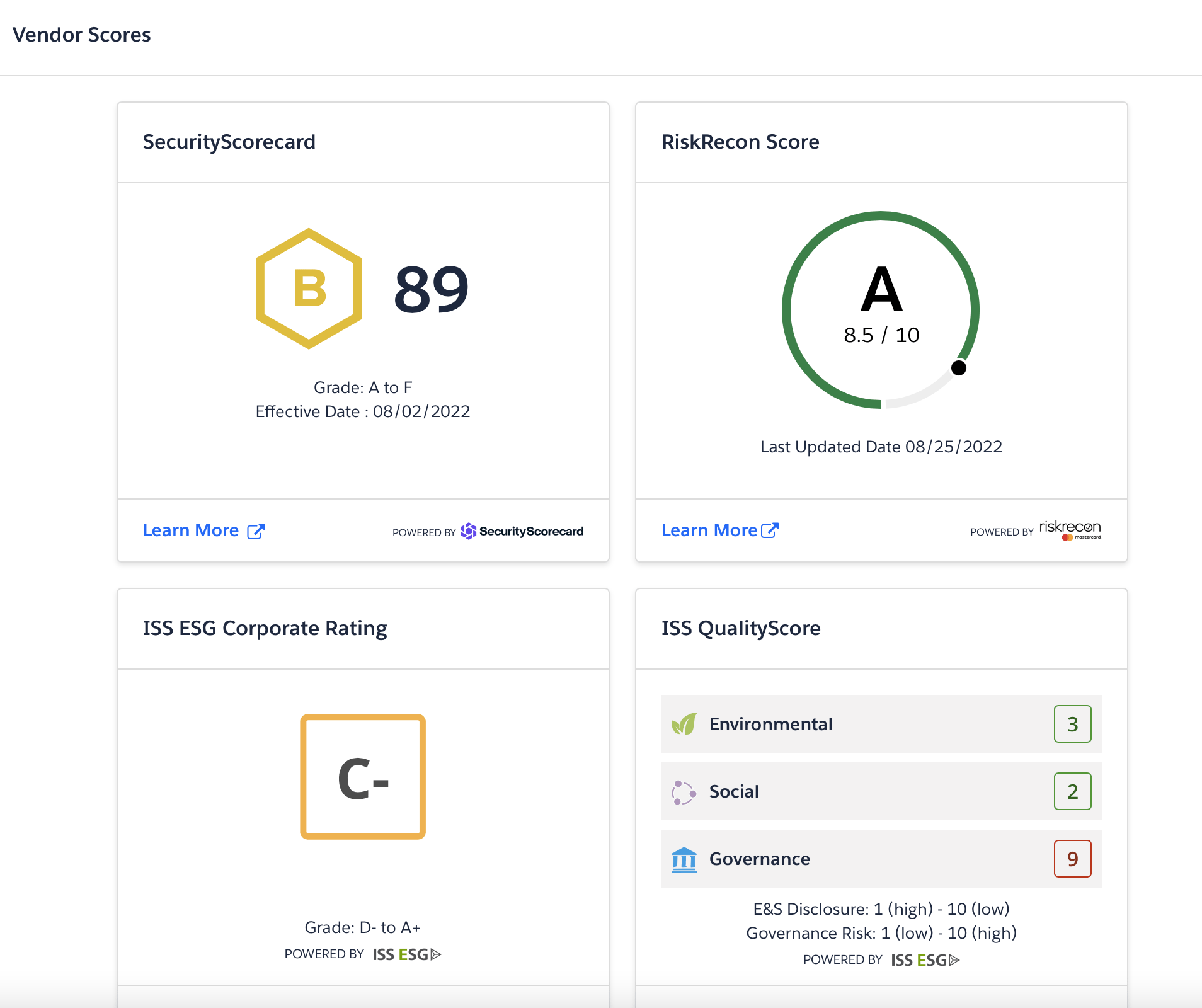 Screenshot of vendor scores from onetrust platform dashboard