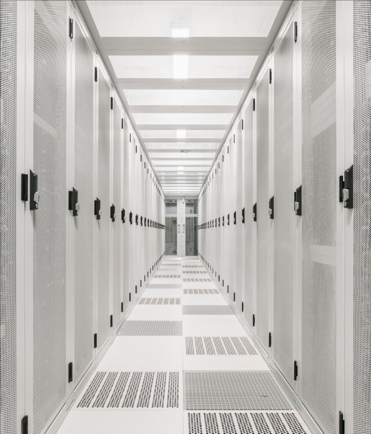 Aisle in a server room with caged server racks on either side.