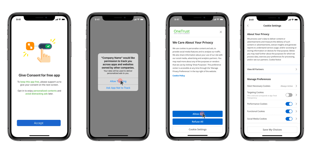 Image of 4 phone screens showing a user opening consent preference center 