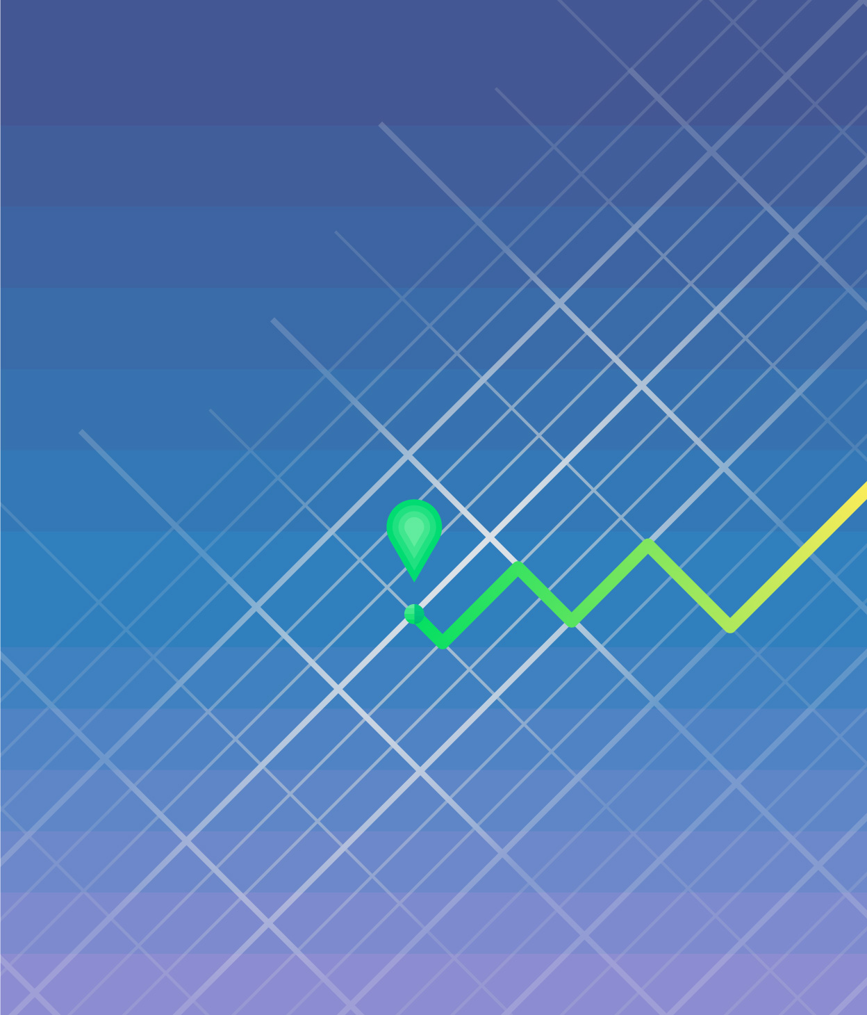 Illustration of a roadmap with a green highlighted route overlaid onto a street grid with a blue and purple gradient background