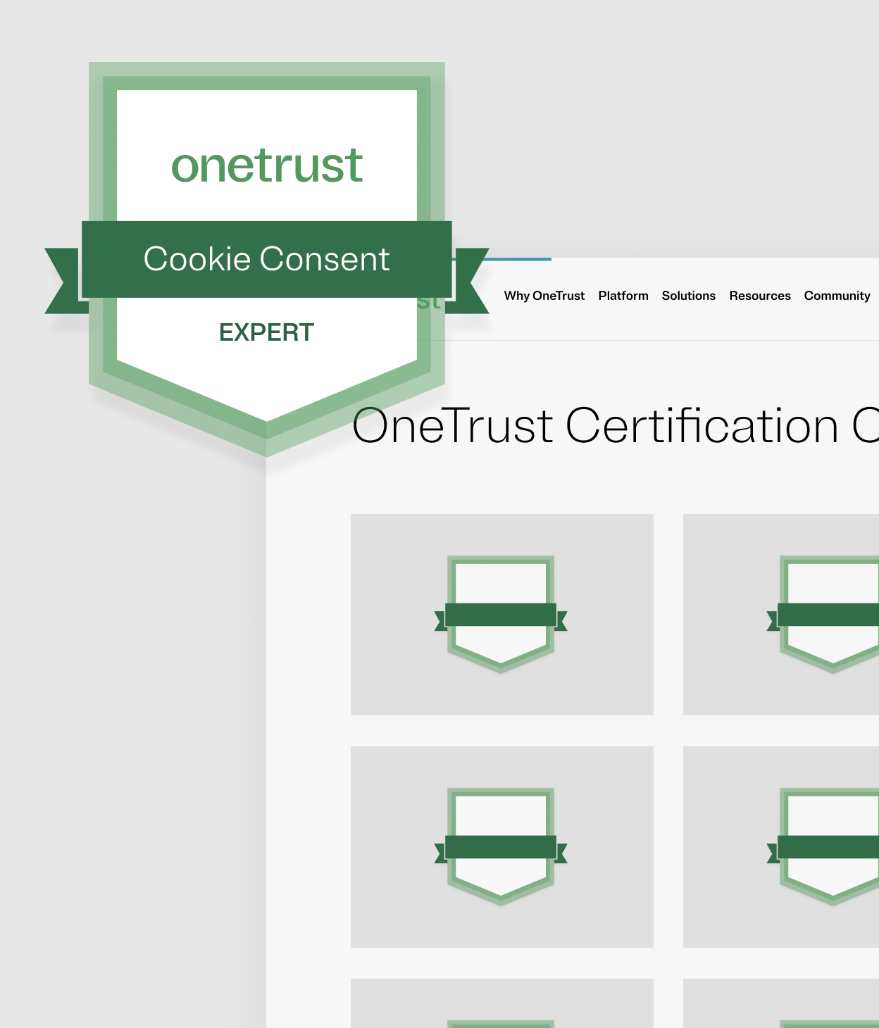 Illustration of a certification course dashboard with the Cookie Consent Expert badge in the top left corner
