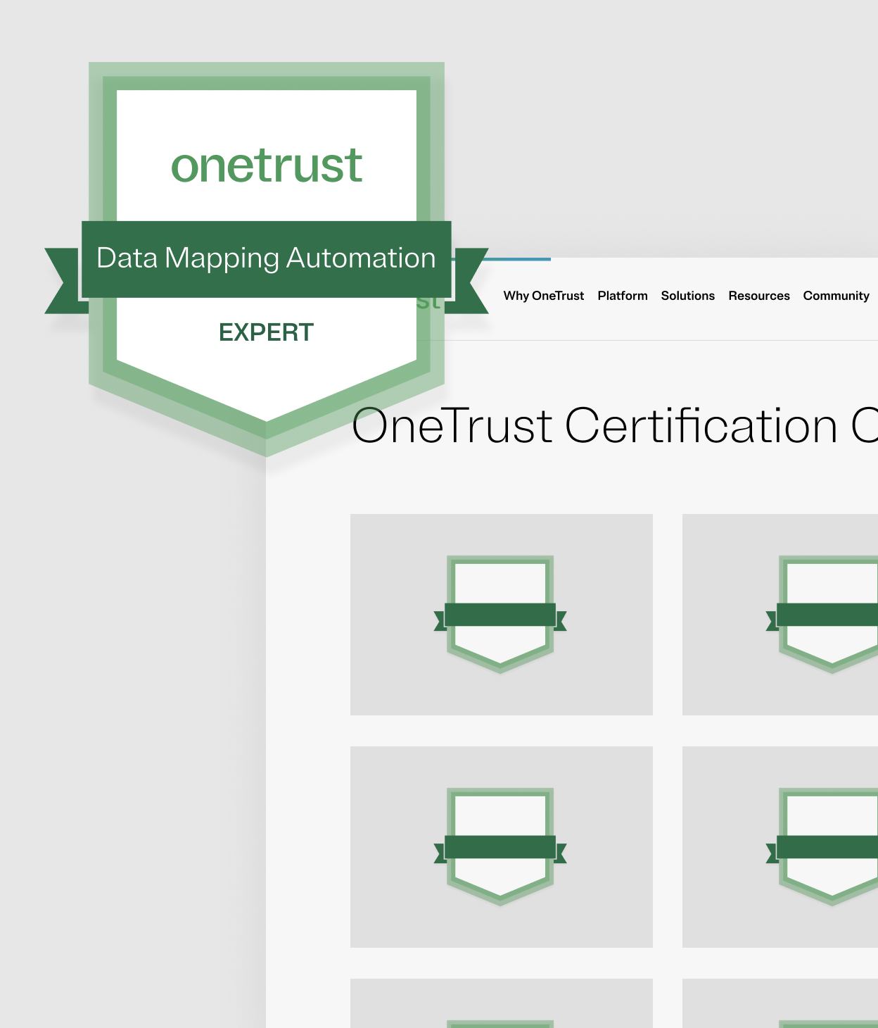 Illustration of a certification course dashboard with the Data Mapping Automation Expert badge in the top left corner