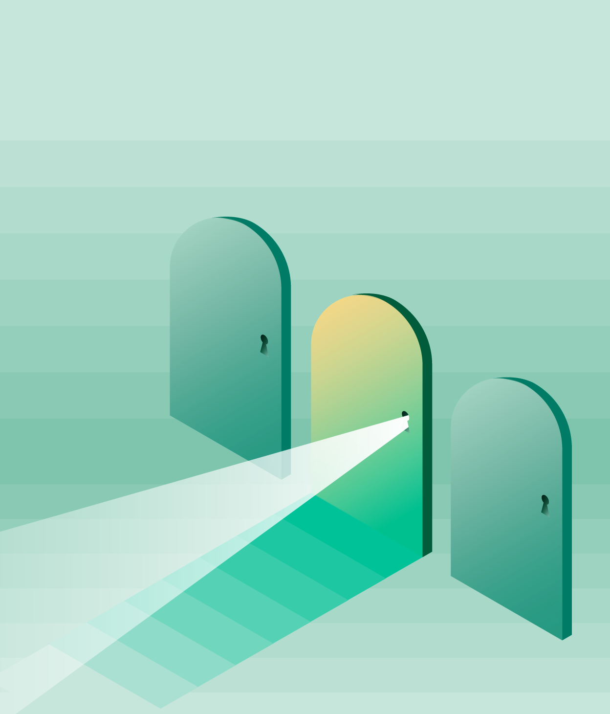 Three green illustrated doors with a light shining through the key hole