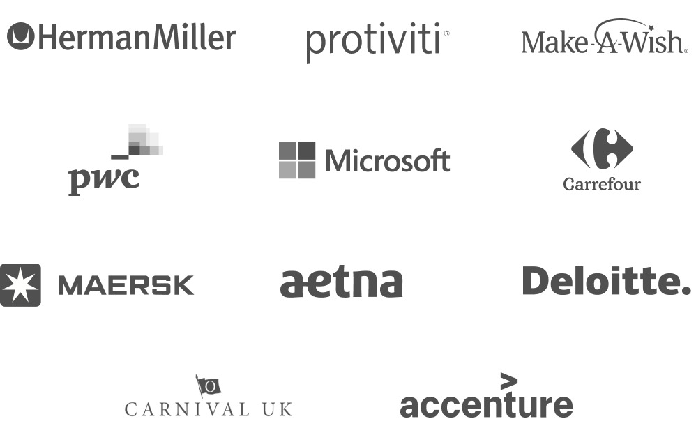 Logo lockup graphic of multiple OneTrust customer logos including Herman Miller, protiviti, make a wish, pwc, Microsoft, Carrefour, Maersk, aetna, Deloitte, KPMG, Carnival UK and accenture