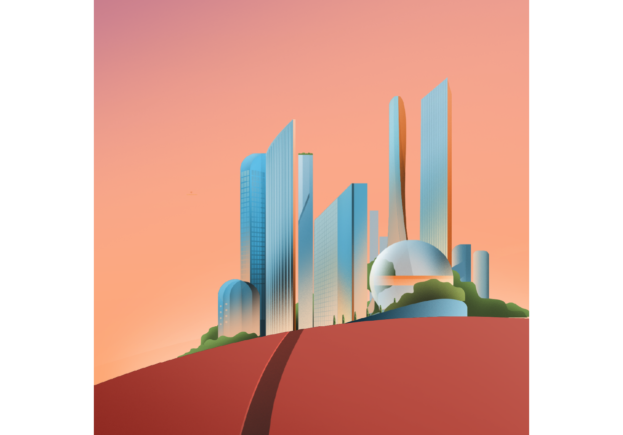 Futuristic city skyline on a hill