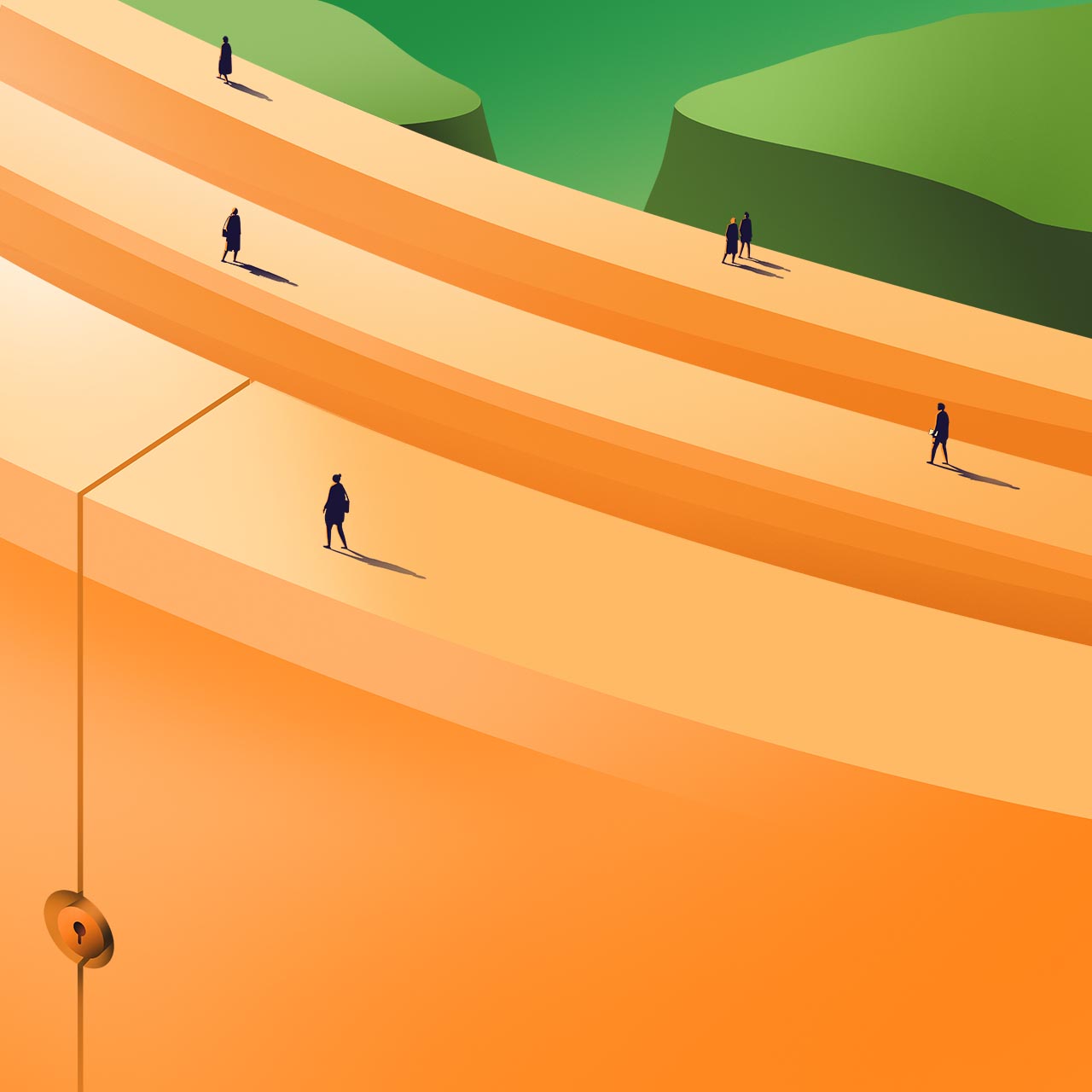Ilustración de una serie de personas que caminan en diferentes direcciones sobre una estructura con un candado.