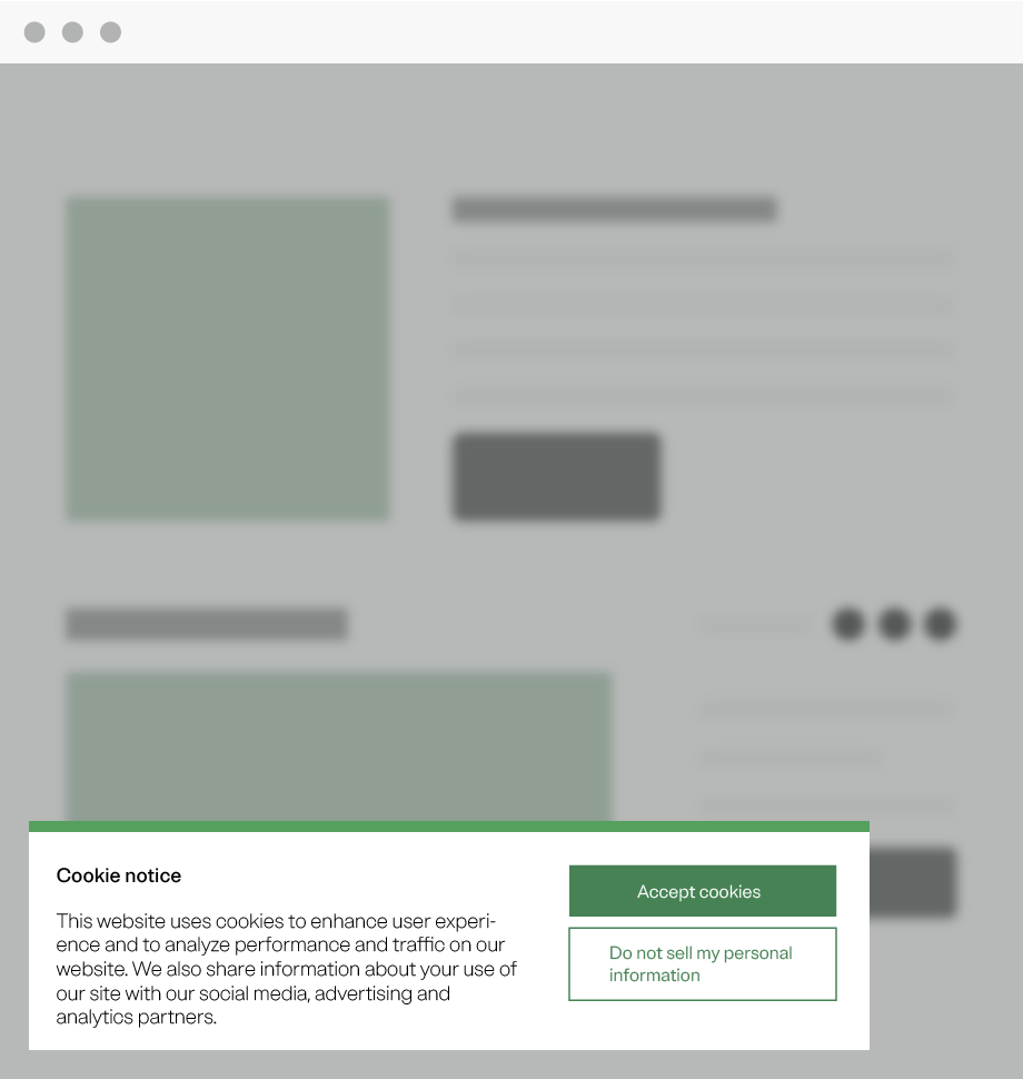 A cookie web banner with a cookie notice and buttons that let the customer either accept all cookies or request the company not to sell their personal information.