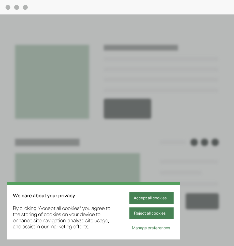 A cookie web banner with a privacy statement, a link to a preference center, and buttons that allow the user to accept or reject the cookies.