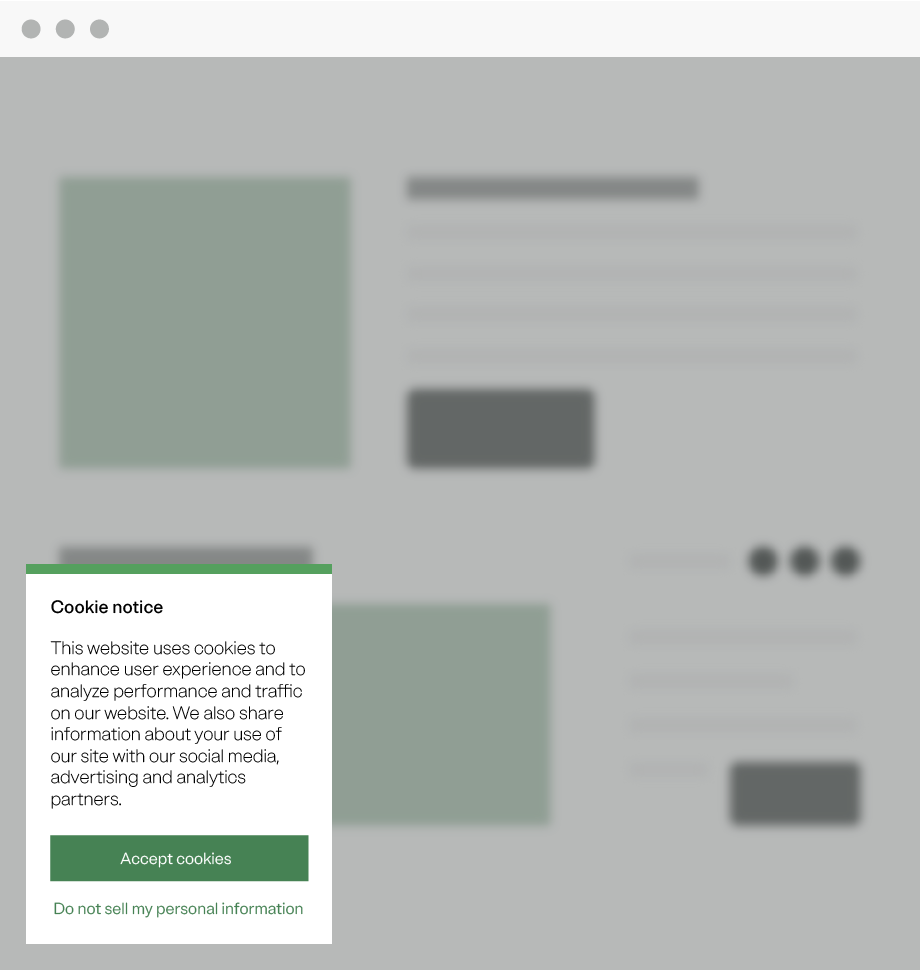 A cookie web banner with a cookie notice and buttons that let the customer either accept all cookies or request the company not to sell their personal information.