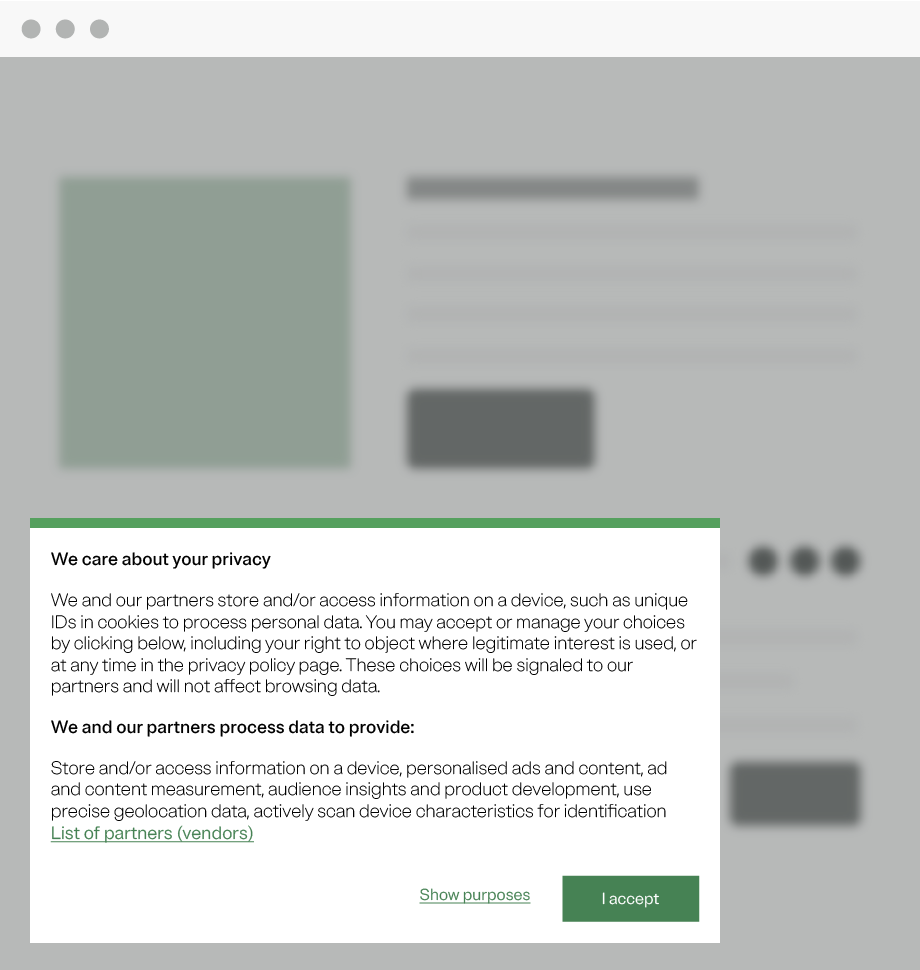 A cookie web banner on a company's with a statements on privacy and how they and their partners use customer data, links to data purposes and vendor partners, and an "Accept" button.