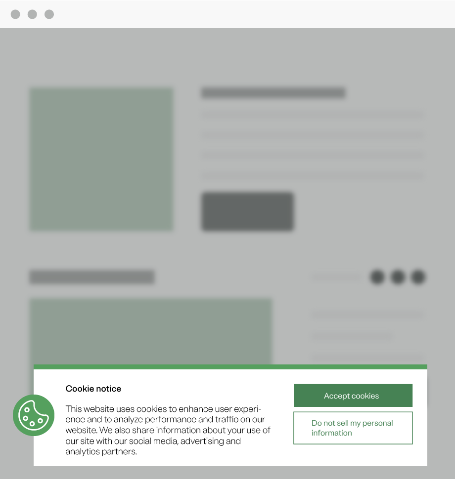 A cookie notice web banner with a round cookie icon, a statement on how the site uses cookies, and buttons that lets the user either accept all cookies or instruct the company not to sell their personal information.