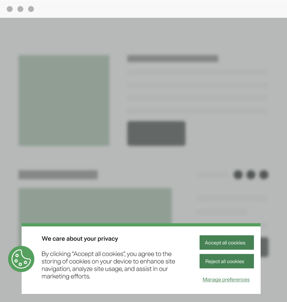 A web banner with a round cookie icon and a privacy statement instructing users to either accept all cookies or reject them. There is also a link to a privacy preference center.