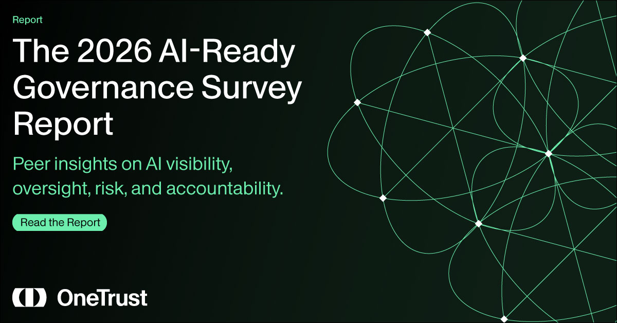 OneTrust AI governance report cover with a dark green wire-frame background, OneTrust logo, and headline: “The AI Governance Gap Is Now an Operating Risk.”