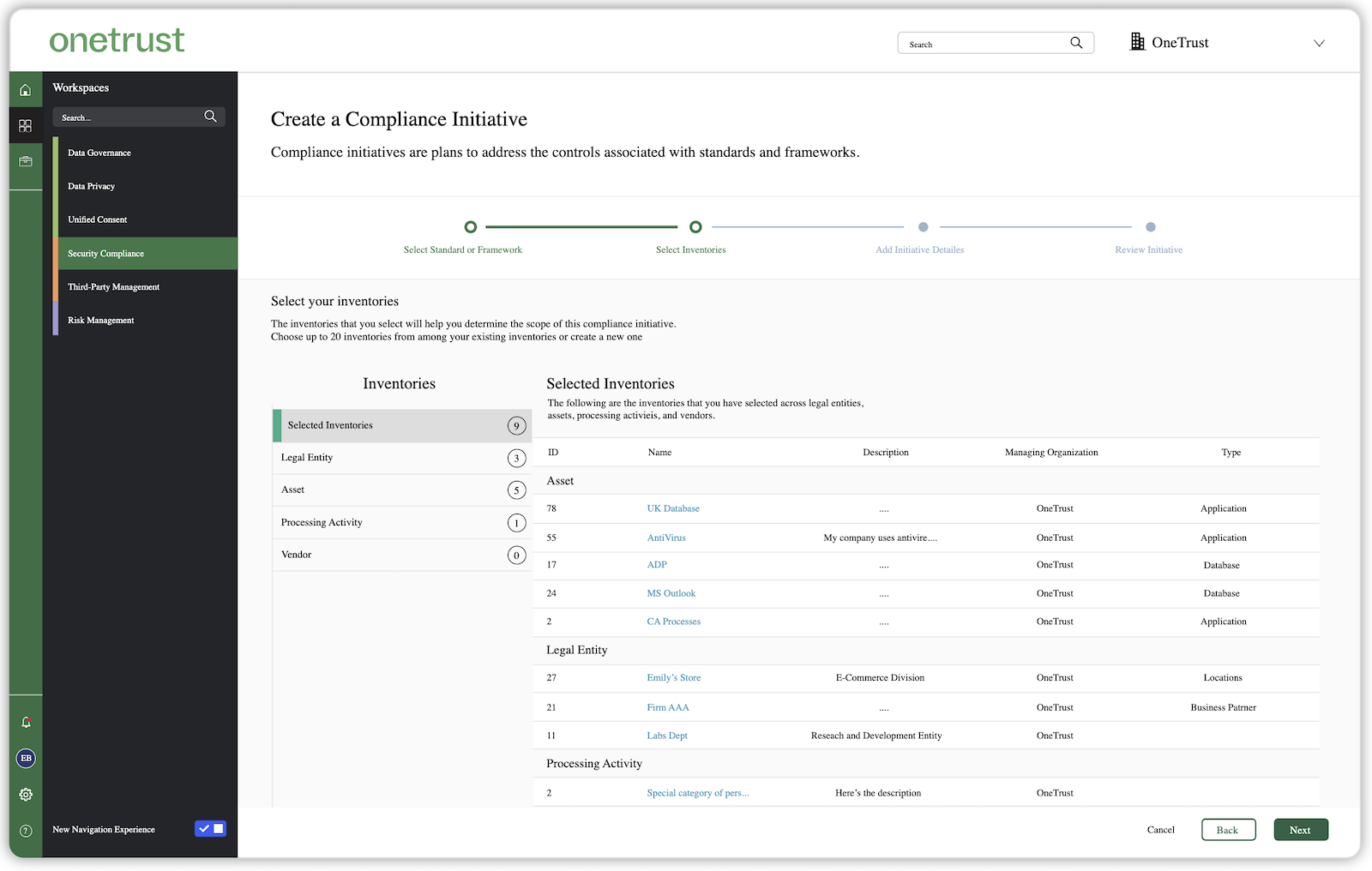 Screenshow from the "Create a Compliance Initiative" screen from OneTrust's Winter 2025 release. 