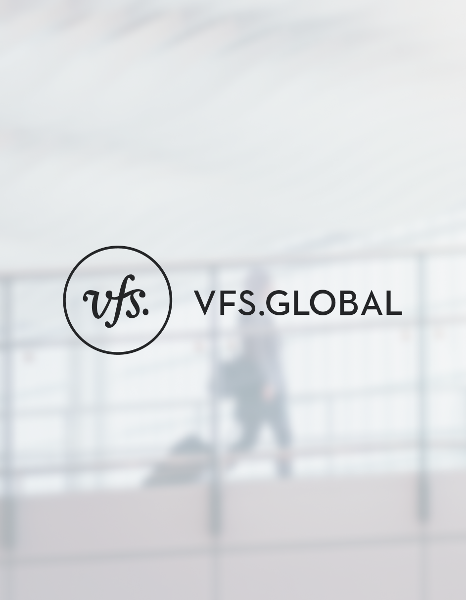 VFS Global logo on top of blurred image of woman in an airport