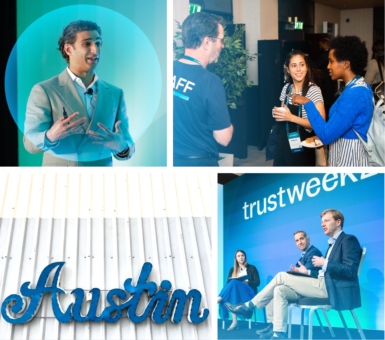 Collage of images from TrustWeek conference including shots of audience members and panels