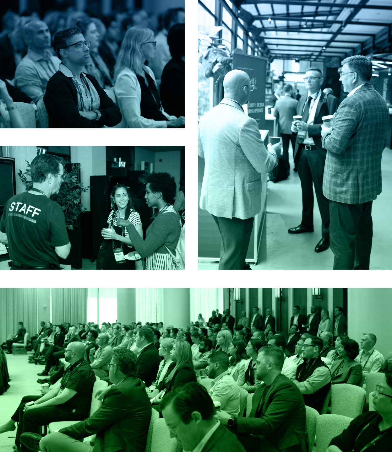 A collage of photos from TrustWeek featuring experts chatting, colleagues networking, and a crowd of attendees watching a presentation in the event space