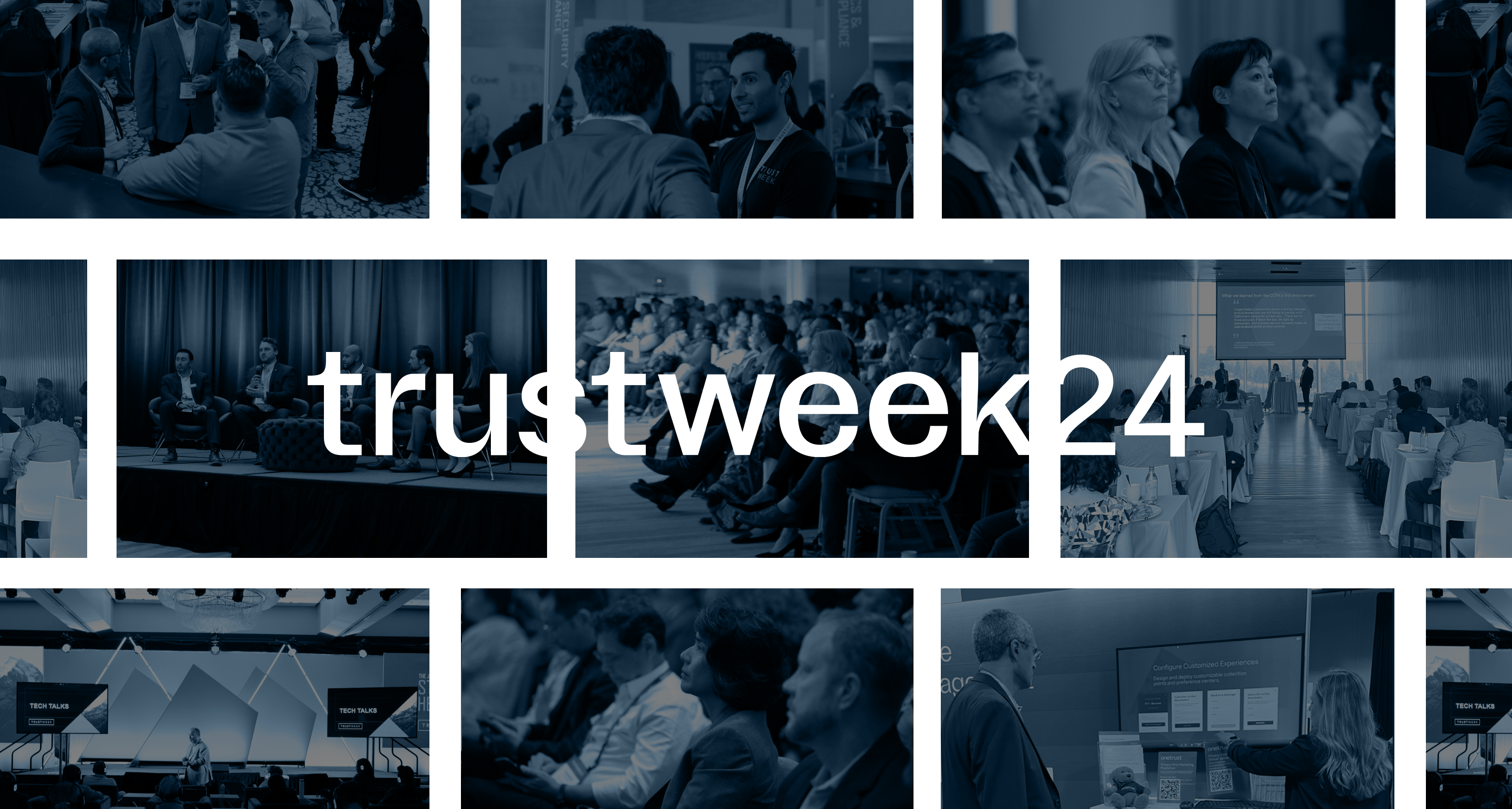 Collage of images showcasing people and events from past Trustweeks in a blue tone with the Trustweek 2024 logo overlaid in the center.