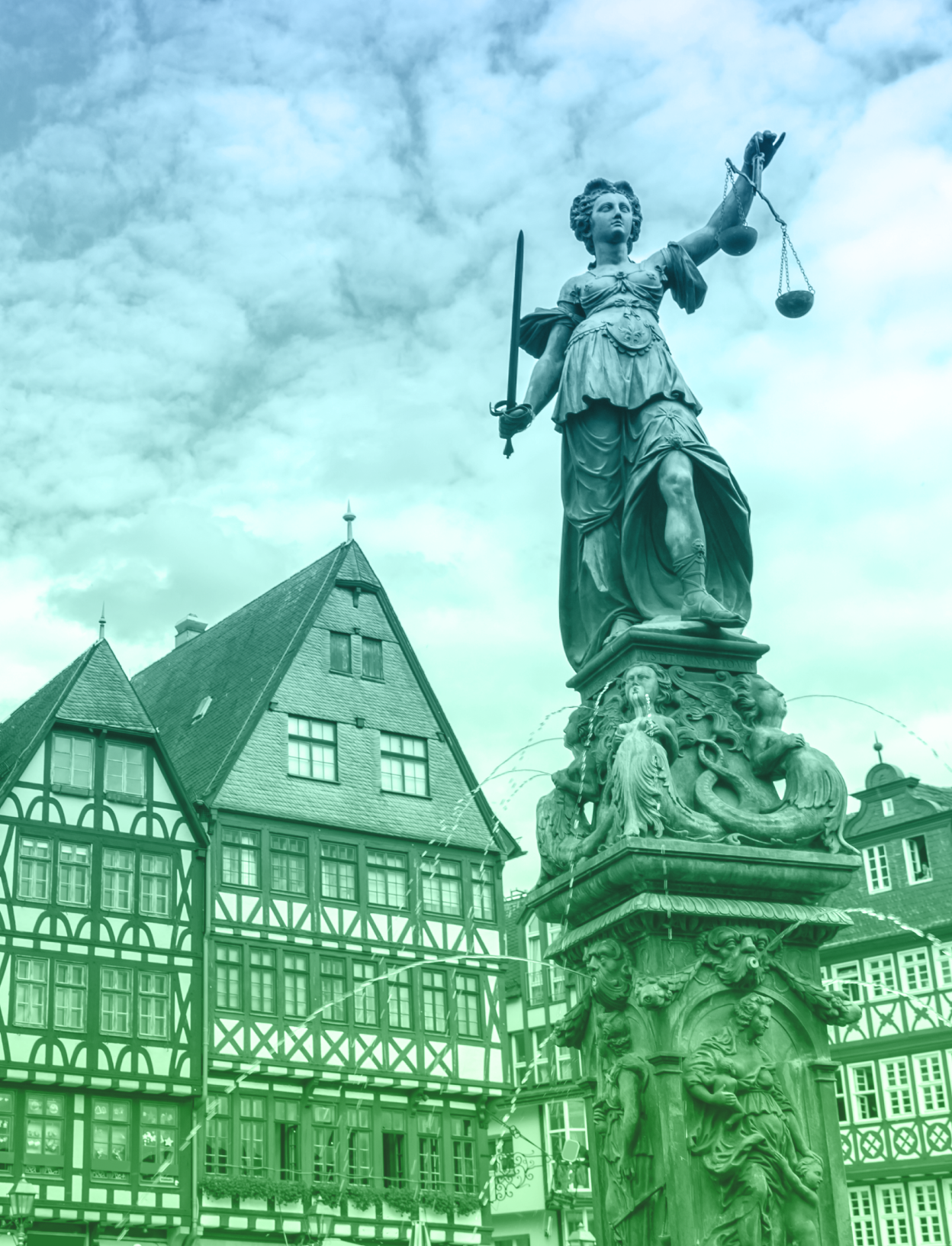 Portrait photo of The Fountain of Justice and Römerberg Square in Frankfurt with a blue-green gradient overlay