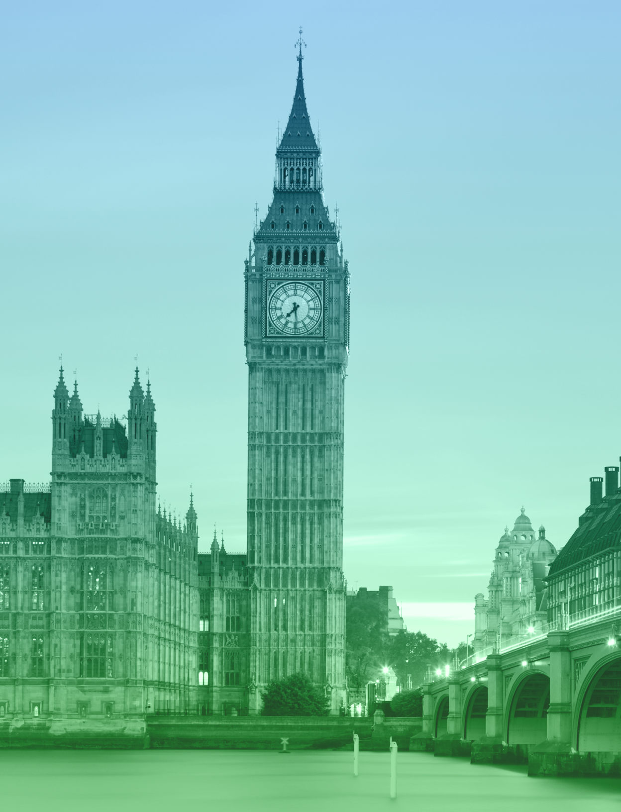 Portrait photo of Big Ben and the Palace of Westminister on the Thames in London with a blue-green gradient overlay