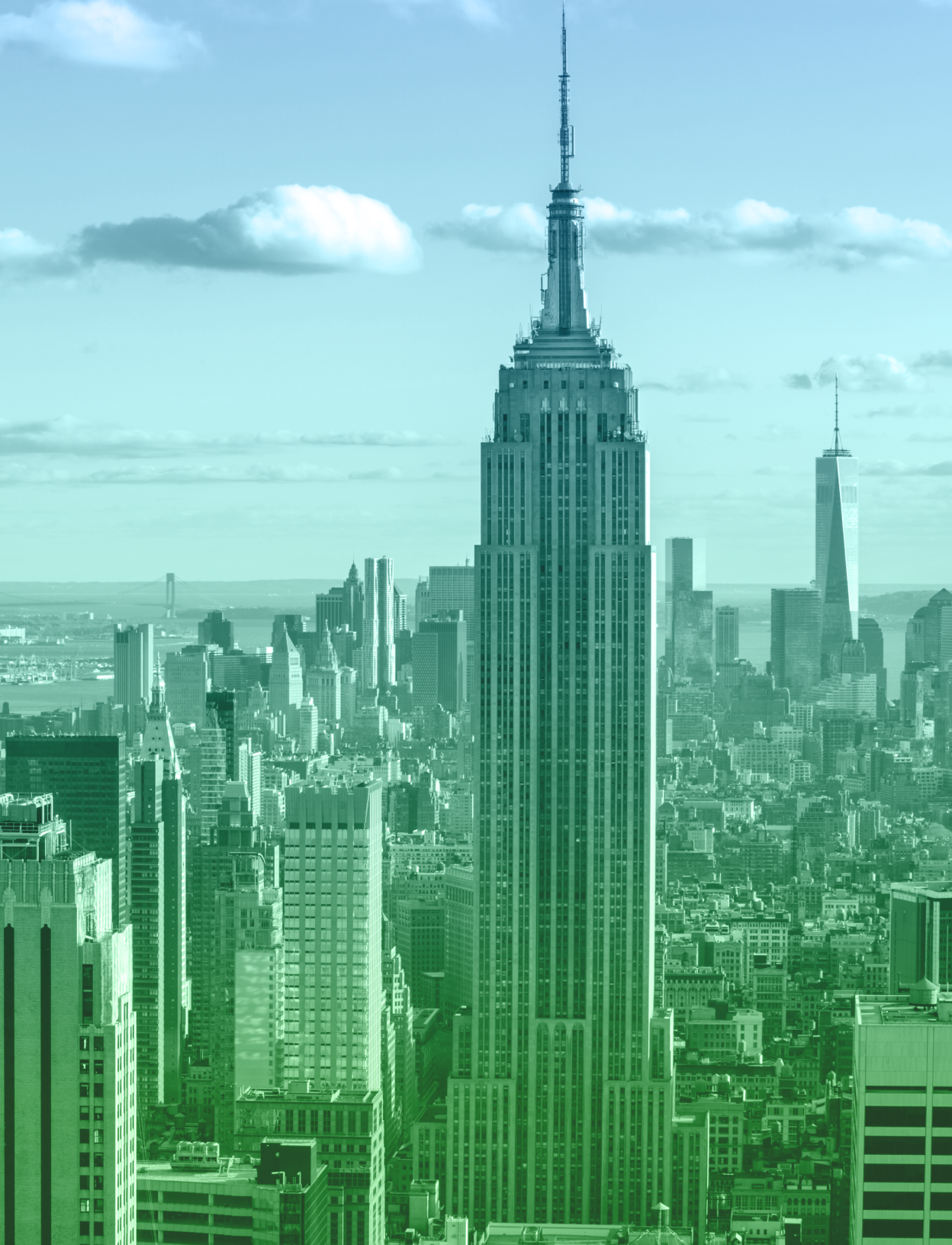 Portrait photo of the Empire State Building and South Manhattan in New York City with a blue-green gradient overlay