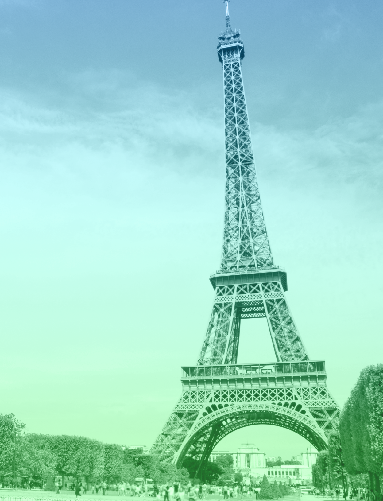 Portrait photo of the Eiffel Tower in Paris with a blue-green gradient overlay