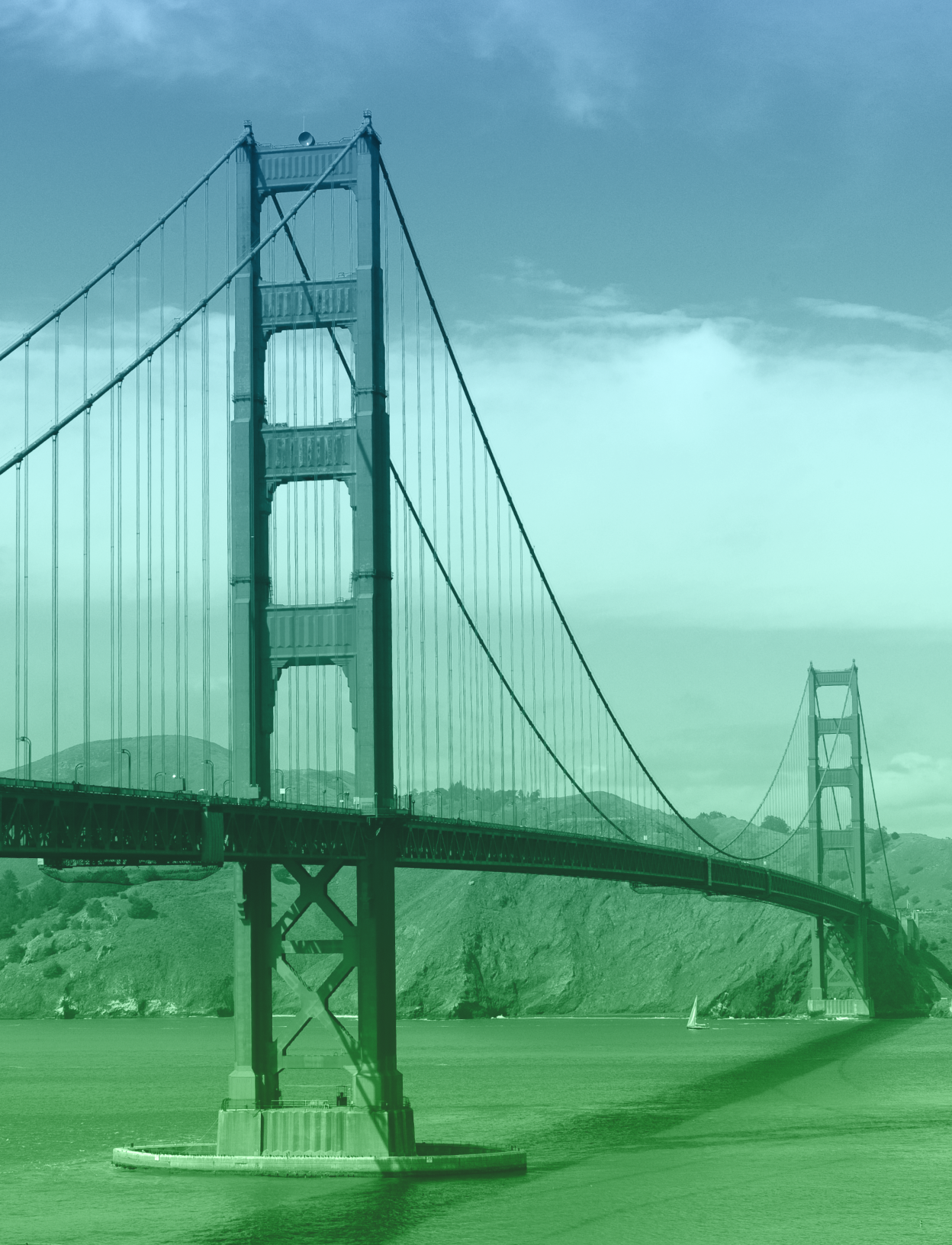 Portrait photo of the Golden Gate Bridge in San Francisco with a blue-green gradient overlay
