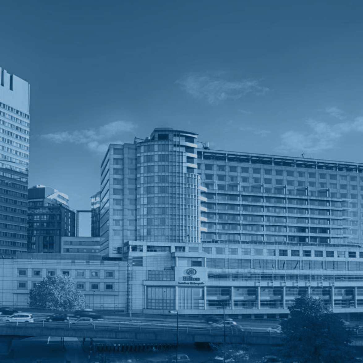 Wide shot of the exterior of the Hilton London Metropole Hotel