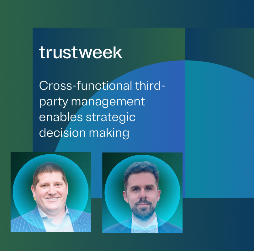 Slide that reads "Cross-functional third-party management enables strategic decision making" with speaker headshots of Matt Moog and Nick Geyer