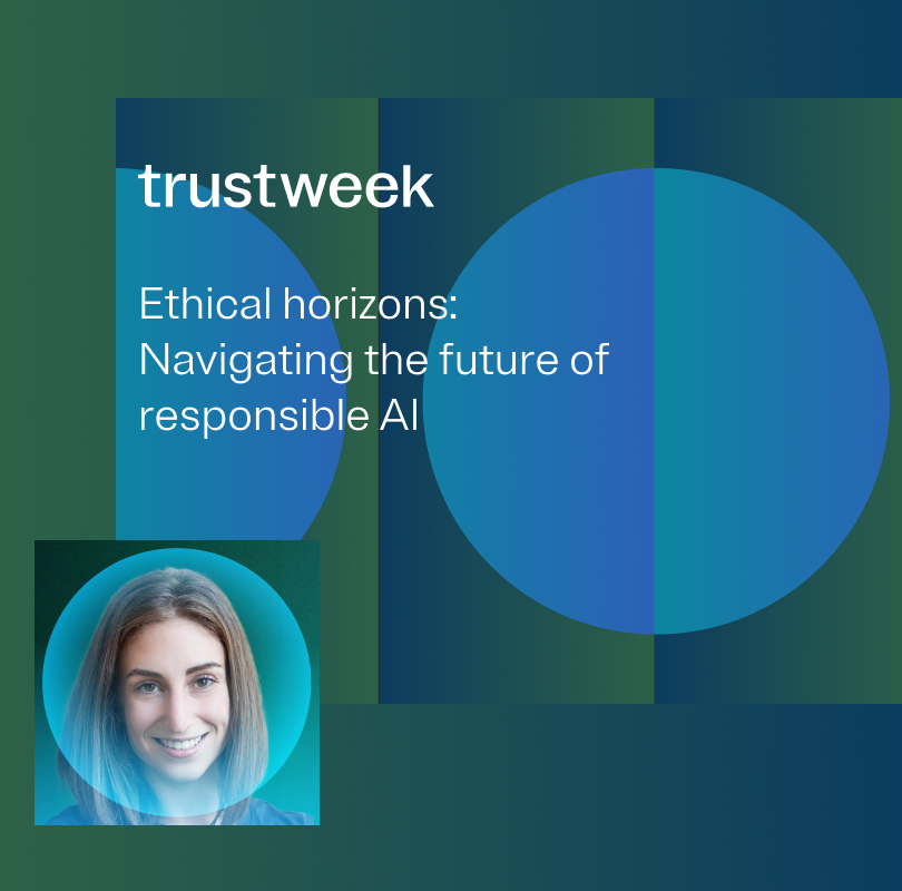 Slide that reads "Ethical horizons: Navigating the future of responsible AI" with a headshot of speaker Bex Evans