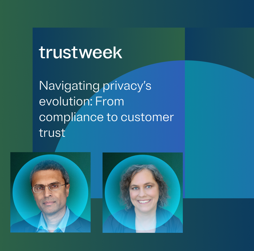Slide that reads "Navigating privacy's evolution: From compliance to customer trust" with speaker headshots of Ojas Rege and Stephanie McReynolds
