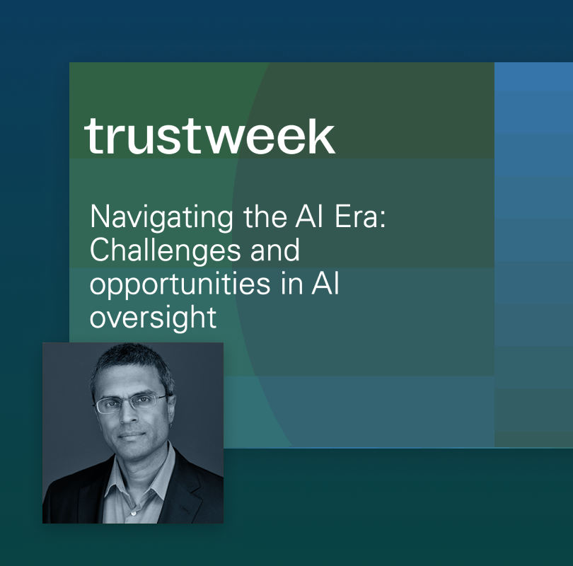 Slide that reads "Navigating the AI Era, Challenges and opportunities in AI overight" with headshot of speaker, Ojas Rege