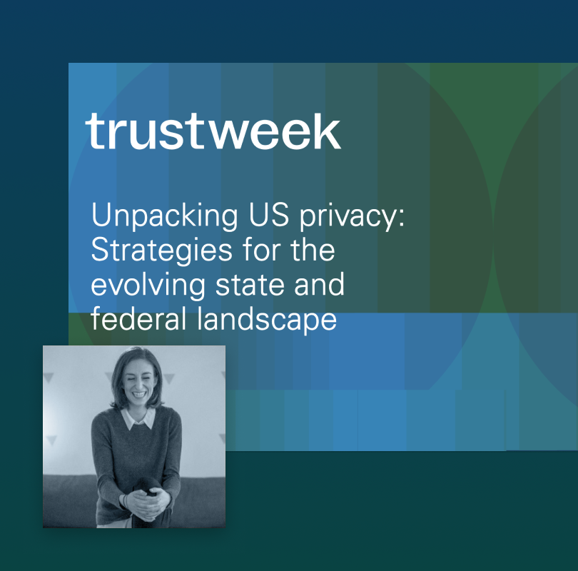 Slide that reads "Unpacking US privacy, strategies for the evolving state and federal landscape" with headshot of speaker Bex Evans