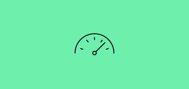 Line icon of a speedometer on a mint green background representing acceleration, performance, or efficiency.